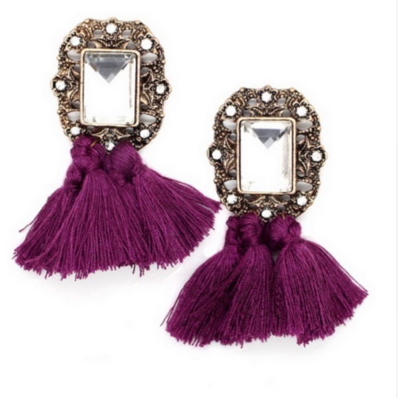 Jewelry - Purple Fringe Tassel Gemstone Stud Dangle Earrings